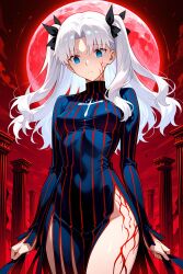 ai_art angra_mainyu blue_eyes body_markings chair chenwenjia_(generator) clothed corruption cosplay dark_sakura expressionless facial_markings fate/stay_night fate/stay_night_heaven's_feel fate_(series) femsub hair_color_change long_hair looking_at_viewer possession rin_tohsaka white_hair