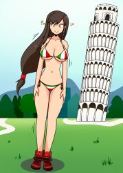  bikini breasts brown_hair catalepsy empty_eyes femsub final_fantasy final_fantasy_vii happy_trance humor large_breasts long_hair meme shoes smile sortish standing standing_at_attention tifa_lockhart 