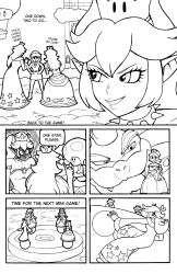 absurdres bare_shoulders border bowsette breasts choker closed_eyes clothed comic crown dialogue dress earrings elf_ears english_text gloves greyscale hair_covering_one_eye horns jesturia jewelry lineart long_hair monochrome multiple_girls new_super_mario_bros._u_deluxe nintendo open_mouth opera_gloves ponytail princess princess_daisy princess_peach princess_rosalina royalty shyguy speech_bubble super_crown super_mario_bros. super_mario_galaxy tagme text