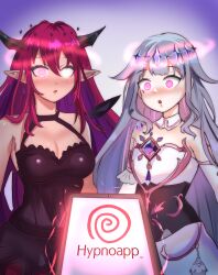  absurdres bare_shoulders bijou_koseki blue_background blush breasts choker cleavage cleavage_cutout clothed corset dress earrings elf_ears english_text environmental_text eyebrows_visible_through_hair face_paint female_only femsub glowing_eyes gradient_background green_eyes headdress heterochromia hololive hololive_english horns hypnotic_app irys_(hololive) jewelry large_breasts long_hair makeup multiple_girls multiple_subs open_mouth opera_gloves phone pink_eyes red_hair silver_hair simple_background skirt smeef spiral spiral_eyes symbol_in_eyes tech_control text virtual_youtuber 
