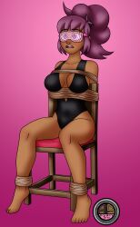 barefoot chair dark_skin eyebrows_visible_through_hair latex one-piece_swimsuit original purple_hair rope signature simple_background spiral_eyes starla_(courierbutterfly) tied_hair visor