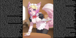 blonde_hair breasts cat_girl clothed_exposure cristalavi female_only femsub furry hypnotic_drink jjmayoboy_(manipper) leopard_girl maid maid_headdress maledom manip open_mouth pink_hair purple_eyes short_hair tagme text thighhighs