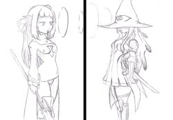 absurdres bravely_default bravely_second cleavage disguised_hypnotist drool edea_lee empty_eyes erect_nipples hat long_hair magnolia_arch parasite shrunken_irises sketch standing standing_at_attention traditional weapon white_background witch_hat