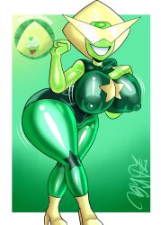  border breasts dollification erect_nipples erect_nipples_under_clothes female_only femsub gradient_background green_background green_skin high_heels knick_knack large_ass large_breasts peridot signature smile solo steven_universe sunglasses sunny_miami tagme transformation zaicomaster14 
