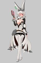  aware breasts bunny_ears bunny_girl bzurrrf cleavage dress elphelt_valentine guilty_gear gun high_heels large_breasts lipstick thigh_boots visor white_hair 