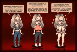 before_and_after bikini blonde_hair breast_expansion breasts collar dazed femsub glasses goth horiizyn huge_breasts original text tight_clothing tights unaware