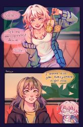 blue_eyes border coat collarbone comic dialogue expressionless female_only femdom femsub green_eyes green_hair honkai_star_rail long_hair march_7th_(honkai_star_rail) pendulum pink_hair pocket_watch shirt shorts sitting smile speech_bubble stelle_(honkai_star_rail) sweater tank_top text umilini wholesome yuri