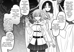  absurdres breasts charm_(spell) clothed comic command_seal dialogue fate/grand_order fate_(series) female_only femdom femsub greyscale hard_translated heart heart_eyes holding_breasts horns kiara_sessyoin large_breasts love nun pussy_juice ritsuka_fujimaru_(female) speech_bubble symbol_in_eyes text trembling wet_clothes yunhai yuri 