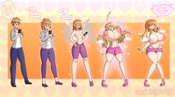  absurdres alternate_costume ass ass_expansion bimbofication blue_eyes body_writing breast_expansion breasts cleavage comic erection erection_under_clothes femsub glasses headphones hypnotic_music large_ass large_breasts large_hips long_hair malesub orange_hair phone pink_eyes short_shorts source_request text thegxjudgement thick_thighs thong transformation transgender 
