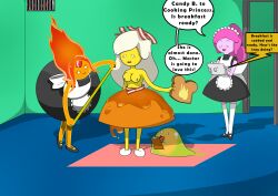 absurdres adventure_time breakfast_princess breasts disguised_hypnotist empty_eyes female_only femsub flame_princess happy_trance maid pink_hair princess_bubblegum red_hair slime_princess text topless white_hair