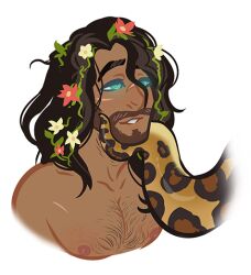  beard chin_hold coils flower_in_hair happy_trance long_hair male_only malesub scalesandspirals scars smile 