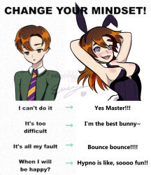 armpits arms_above_head arms_behind_back before_and_after blush bow_tie brown_eyes brown_hair bunny_ears bunny_girl bunnysuit cleavage empress-mc empty_eyes expressionless fake_animal_ears fake_tail feminization femsub freckles happy_trance hypnovember kat_(ktv) large_breasts long_hair looking_at_viewer meme open_mouth original short_hair sideboob simple_background solo spiralwash_eyes sweater text tie white_background