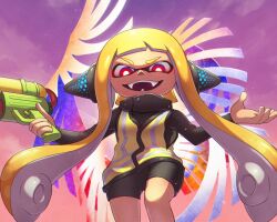 agent_3_(splatoon) androgynous_dom blonde_hair corruption crossover enemy_conversion evil_smile fangs femsub galeem glowing_eyes gun headphones looking_at_viewer nintendo open_mouth ovolo123 possession red_eyes shorts smile splatoon super_smash_bros. tentacles thighs twintails vest weapon wings
