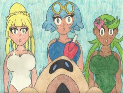 beach canadianmememan huge_breasts lana_(pokemon) lillie_(pokemon) mallow_(pokemon) nintendo one-piece_swimsuit pokemon pokemon_sun_and_moon sandygast spiral_eyes standing_at_attention swimsuit