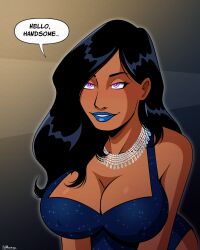 black_hair blue_lipstick blueshift_(polmanning) breasts cleavage dark_skin dialogue dress english_text erect_nipples female_only femsub glowing_eyes happy_trance long_hair necklace nipples original polmanning signature smile solo speech_bubble super_hero text 