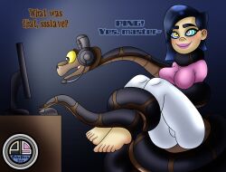  barefoot blue_hair bondage coils computer eyebrows_visible_through_hair feet femsub glitch_techs happy_trance headphones humor kaa kaa_eyes lipstick maledom mayumi_kubota_(glitch_techs) ordeper_arts pants shirt short_hair signature sitting snake text the_jungle_book 