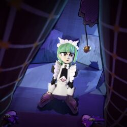  3d animated blender dark_skin female_only femdom femsub fishnets green_hair grey_eyes jacinthe_(pokemon) kneeling lebanne_(pokemon) long_hair maid maid_headdress multiple_girls nintendo open_mouth pendulum pokemon pokemon_legends_z-a ponytail stob_baby tagme video 