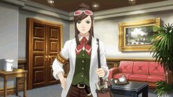  3d ace_attorney animated animated_gif breasts brown_hair clothed dazed dialogue ema_skye female_only femsub happy_trance headphones hypnotic_audio hypnotic_music large_breasts legsweepboxer long_hair mantra open_mouth smile source_filmmaker standing tech_control text 