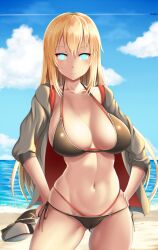 beach bikini bismarck_(kantai_collection) blonde_hair breasts female_only glowing glowing_eyes hand_on_hip happy_trance hat icontrol_(manipper) kantai_collection large_breasts long_hair looking_at_viewer manip navel open_clothes open_shirt smile solo spiral_eyes swimsuit symbol_in_eyes water zukky