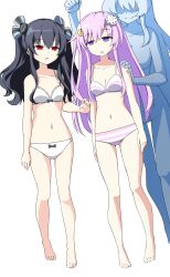 absurdres barefoot black_hair bra coin dazed empty_eyes etlabsotwe expressionless female_only femdom femsub hair_ribbon hairpin hyperdimension_neptunia long_hair nepgear open_mouth panties pendulum purple_eyes purple_hair red_eyes ribbon small_breasts smile standing striped_panties twintails underwear uni white_panties
