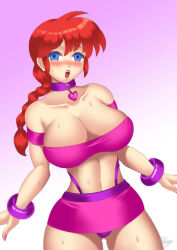bare_shoulders bimbofication blue_eyes blush braid breasts cleavage collar femsub gradient_background hadant heart large_breasts lipstick long_hair looking_at_viewer makeup midriff nail_polish open_mouth panties ranma_1/2 ranma_saotome red_hair signature simple_background skirt solo sweat underwear