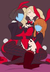 alternate_costume ann_takamaki ass assimilation blonde_hair bow_tie breasts brown_hair bunny_ears bunny_girl bunnysuit bzurrrf choker cleavage closed_eyes corruption enemy_conversion faceless femdom femsub futaba_sakura hand_on_hip high_heels hypnotized_dom hypnotized_hypnotist kneeling long_hair makoto_niijima mask orange_hair persona_(series) persona_5 possession shadow_bunny short_hair sub_on_sub tagme thighhighs thighs twintails yuri