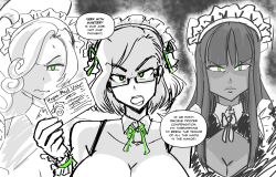  angry assertive_sub bell bell_collar bow_tie cleavage cleavage_cutout collarbone cuffs curly_hair dark_skin earrings female_only femsub glasses glowing_eyes green_eyes hair_ornament humor id_card large_breasts long_hair looking_at_viewer maid maid_headdress majinsfw mistress_velai_(darknessneon/penken) multiple_girls multiple_subs open_mouth original ponytail short_hair text veronica_nightingale_(majinsfw) 