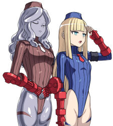  arm_bands blonde_hair blue_eyes breasts closed_eyes expressionless fate_(series) female_only femsub fingerless_gloves gauntlets gloves hai_(h81908190) hat leotard liquid_metal long_hair lord_el-melloi_ii_case_files military_hat multiple_girls multiple_subs navel open_mouth reines_el-melloi_archisorte saluting shadaloo_dolls simple_background small_breasts standing standing_at_attention street_fighter tie trimmau_(fate) white_background 
