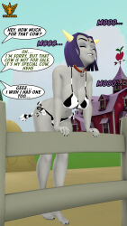  3d absurdres bare_legs barefoot bell_collar bent_over black_nail_polish breasts cleavage closed_eyes collar collarbone cow_girl cow_print dc_comics dialogue female_only femsub grey_skin hanging_breasts happy_trance horns large_breasts latinkaixa nail_polish navel open_mouth outdoors purple_hair raven short_hair smile solo speech_bubble standing super_hero tail teen_titans text toenail_polish underwear 