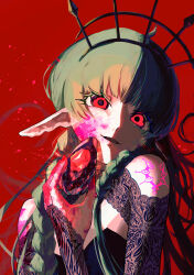 alternate_costume aura bare_shoulders body_markings braid corruption crystal elf_ears evil_smile eye_color_change femsub fire_emblem fire_emblem_awakening glowing green_hair grima_(fire_emblem_awakening) happy_trance long_hair looking_at_viewer nah_(fire_emblem_awakening) nail_polish nintendo possession red_background red_eyes smile tattoo twin_braids twintails yajimura