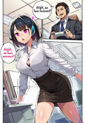 ai_art antenna black_hair body_control bra button_gap comic earpiece empty_eyes english_text expressionless femsub game_controller hellsing002_(generator) maledom microphone office_lady remote_control skirt smirk speech_bubble trembling