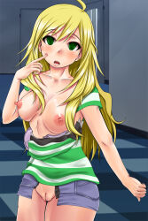blonde_hair breasts dazed empty_eyes erect_nipples female_only femsub large_breasts long_hair miki_hoshii open_clothes solo the_idolm@ster unaware
