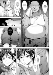  age_difference angry bald before_and_after black_hair comic dialogue empty_eyes english_text expressionless fat femboy finger_snap greyscale hard_translated multiple_boys original teacher text translated tsukuru 