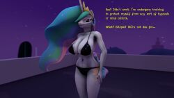  3d bare_legs before_and_after black_nail_polish bra breasts cleavage collarbone crown cuddlycarlos dialogue female_only furry horse_girl huge_breasts multicolored_hair my_little_pony nail_polish navel night outdoors panties princess princess_celestia purple_eyes rainbow_hair solo standing tattoo text underwear unicorn_girl very_long_hair white_skin 