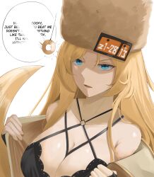angry blonde_hair breasts cleavage coin dialogue english_text eroborne femsub guilty_gear hat long_hair looking_at_viewer millia_rage pendulum speech_bubble text undressing very_long_hair