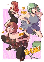 absurdres bare_legs bare_shoulders black_eyes bracelet chicken_pose cleavage crossed_eyes dress efalabrino envy_adams femsub green_hair high_heels kim_pine large_breasts long_hair multiple_subs open_mouth ramona_flowers red_hair scott_pilgrim_(series) short_hair small_breasts squatting text wall_eyed