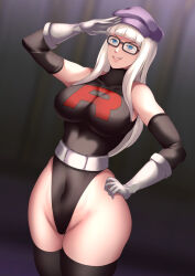 arm_warmers belt blue_eyes breasts enemy_conversion female_only femsub glasses gloves hadant hat jaclyn_(corruptionprincess) large_breasts large_hips leotard navel nintendo opera_gloves original pokemon saluting smirk solo team_rocket thick_thighs thighhighs tight_clothing white_hair