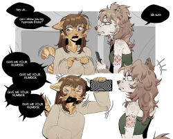  blush border cat_girl closed_eyes dialogue dog_girl english_text eyebrows_visible_through_hair failed_hypnosis female_only furry glasses humor hypnotic_screen long_hair multiple_girls nose_piercing phone piercing raccoattack simple_background speech_bubble spiral sweater tail tank_top tech_control text tube_top yuri 