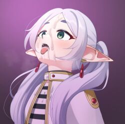 cum cum_in_mouth cum_on_clothes cum_on_face earrings elf elf_ears empty_eyes female_only femsub frieren frieren:_beyond_journey&#039;s_end green_eyes maozi_dan purple_background solo white_hair