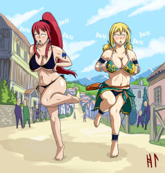 altered_perception barefoot bikini blonde_hair chicken_pose erza_scarlet fairy_tail femsub humor hypnolion long_hair lucy_heartfilia pet_play red_hair tattoo twintails