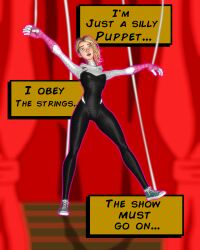  3d comic dancing femsub gwen_stacy happy_trance human_puppet marvel_comics puppet saltygauntlet spider-gwen spider-man_(series) stage_hypnosis super_hero text unaware 