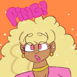  artist_request bimbofication blonde_hair collar copyright_request crossed_eyes dark_skin direct_upload earrings eyebrows_visible_through_hair female_only femsub lipstick long_hair makeup open_mouth ping pink_eyes pink_lipstick simple_background solo spiral_eyes text 