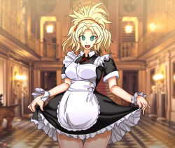  absurdres bare_legs blonde_hair breasts clothed empty_eyes fate/apocrypha fate/grand_order fate_(series) female_only femsub frills green_eyes hair_ornament happy_trance long_hair maid mordred_(fate) open_mouth slemka smile solo standing thigh_gap 