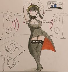 androgynous_dom arms_above_head black_hair boots breasts character_request choker cleavage dancer dancing dialogue english_text femsub happy_trance high_heels hypnotic_music large_breasts music short_hair smile spiral spiral_eyes spy_x_family sunglasses symbol text the_memes69 thighhighs yor_briar