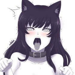 ahegao animal_ears black_hair blake_belladonna blush bottomless breasts cat_ears cat_girl collar cslucaris drool female_only femsub icontrol_(manipper) large_breasts long_hair manip nude open_mouth pet_play rwby simple_background solo spiral_eyes sweat symbol_in_eyes tears tongue tongue_out topless trembling white_background