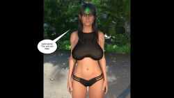  3d absurdres alternate_costume bare_shoulders bikini black_eyes black_hair breasts comic dialogue expressionless female_only femsub hexxet irene_fortune large_breasts long_hair navel original solo standing standing_at_attention tech_control text 