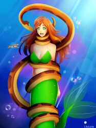 bikini_top bleach bondage breasts coils dazed disney femsub fish_girl happy_trance hypnotic_eyes kaa kaa_eyes large_breasts liloloria long_hair maledom mermaid open_mouth orange_hair orihime_inoue smile snake tail text the_jungle_book tongue tongue_out underwater water