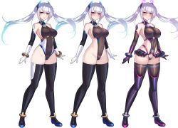  alternate_costume alternate_hair_color bare_shoulders before_and_after blue_eyes blush boots cameltoe celestia_quartz crotch_tattoo cuffs expressionless female_only femsub gloves grey_hair heavy_eyelids high_heels ktn_kuta kutan large_breasts leotard looking_at_viewer miniskirt multicolored_hair navel open_mouth opera_gloves original simple_background skirt smile standing sweat tattoo thigh_boots thighhighs tight_clothing twintails white_background 