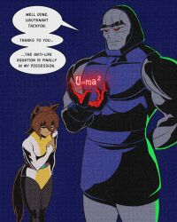  agnes_tachyon ahoge alternate_costume aura blue_background bombsah0y brown_hair corruption crossover cygames darkseid dc_comics dialogue empty_eyes english_text evil_smile eye_color_change femsub grey_skin horse_girl humor leotard maledom red_eyes short_hair simple_background size_difference speech_bubble tagme tail text uma_musume 