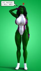3d antenna breasts dialogue female_only femsub green_skin jennifer_walters marvel_comics muscle_girl saluting she-hulk solo super_hero tech_control text theheckle whitewash_eyes